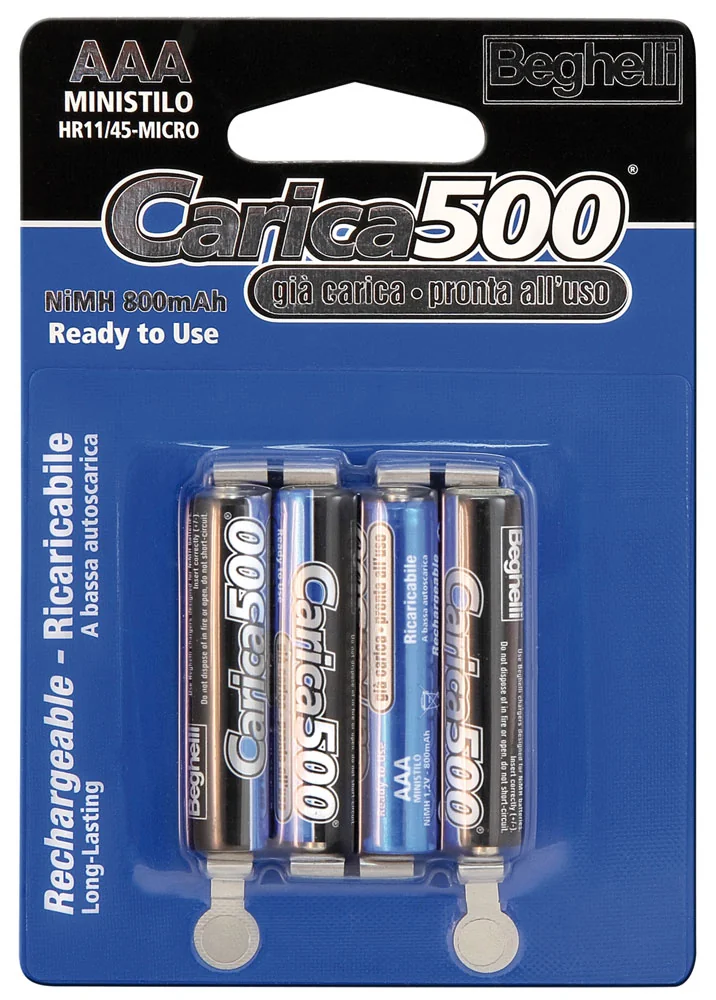 Batterie Ricaricabili AAA carica500 1.5V – 800mAh – blister 4 pezzi