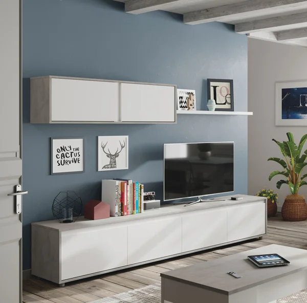 Parete attrezzata base e pensile cemento bianco cm.200x41x43h